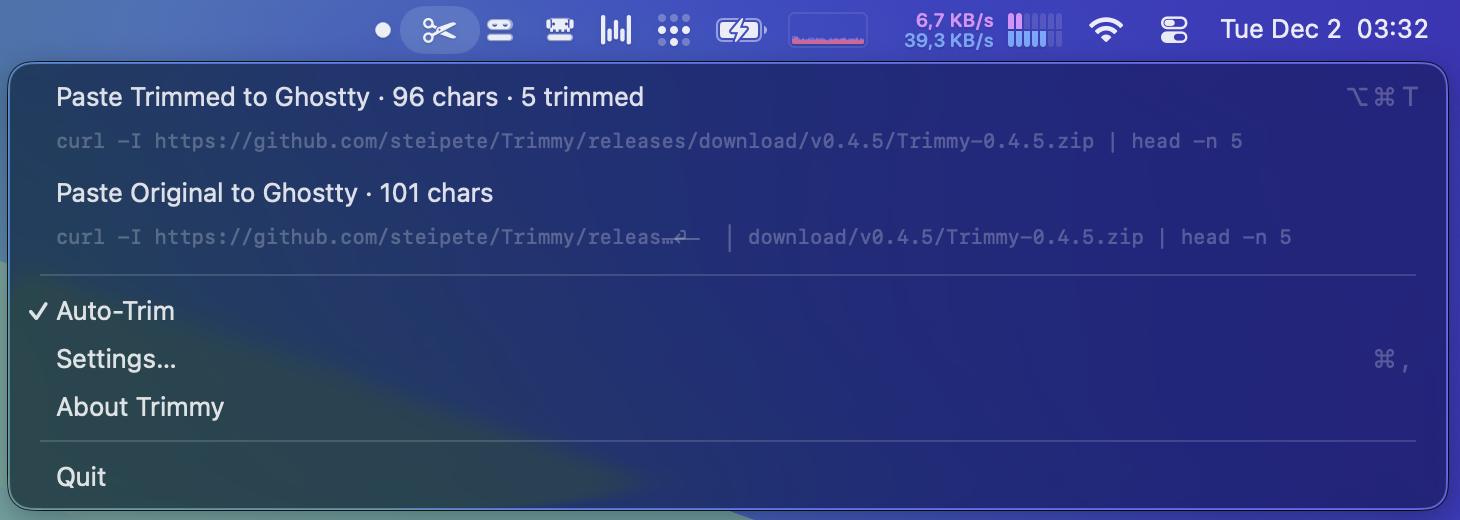 Trimmy menu showcasing Paste Trimmed and Paste Original